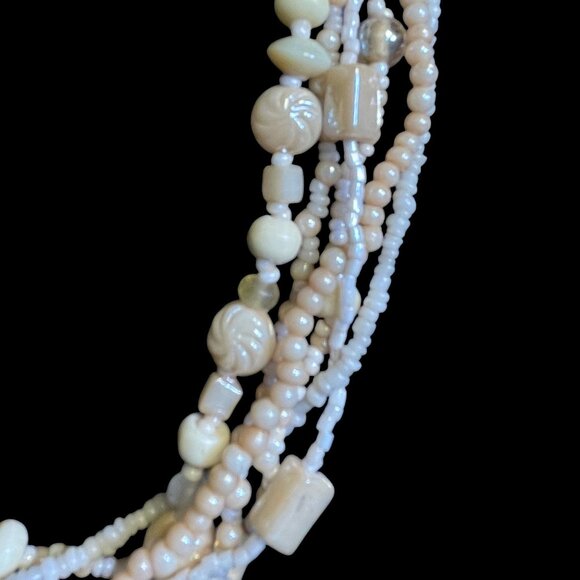 Multi Strand Carved Shell Bead Necklace Boho Beach Layered Cream Chunky Beads - Picture 3 of 7